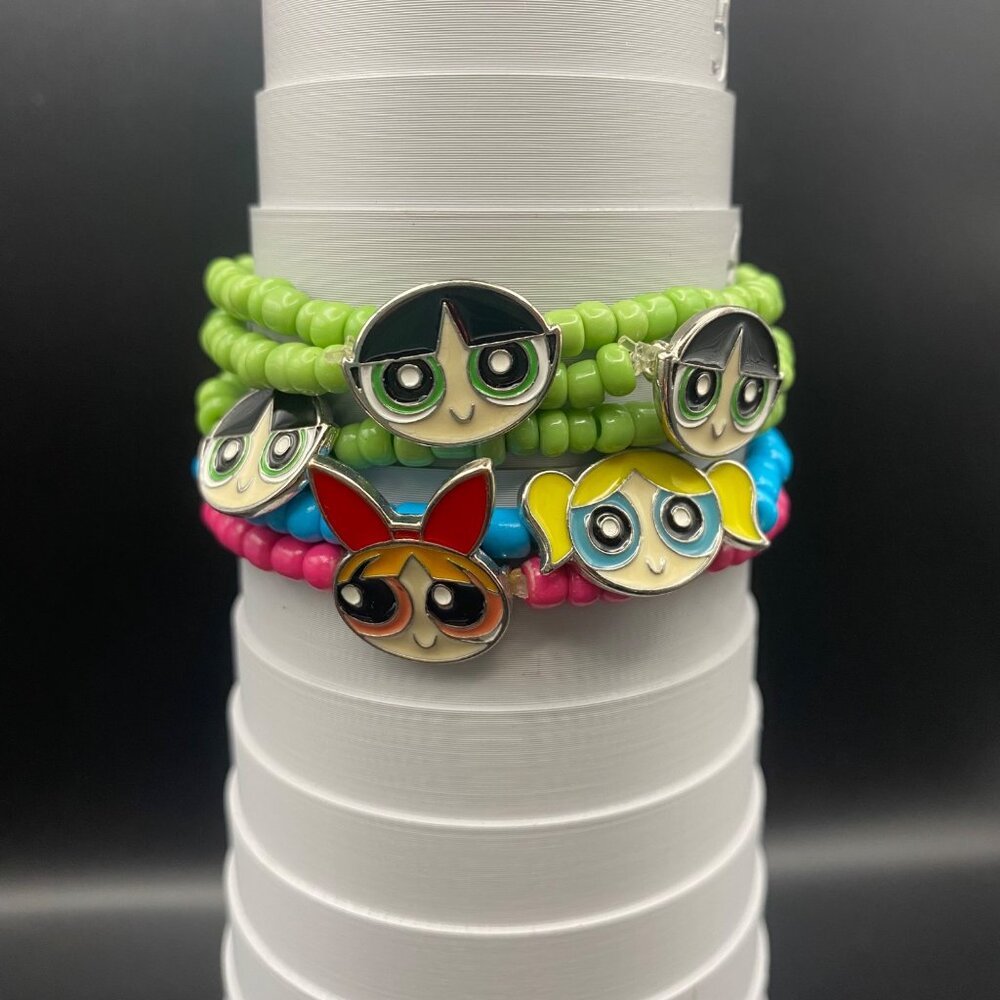 Powderpuff Girls Beaded Bracelets Lot 5 Blossom Bubbles Buttercup Cosplay Fan - Picture 6 of 8